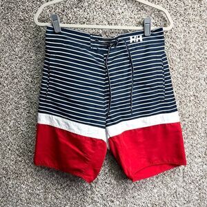 Helly Hansen Swim Trunks Men’s 30 Navy Blue, Red and White Striped 8”